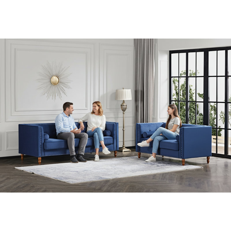 Causeuse en velours capitonné Chesterfield, Polyester bleu, Bleu