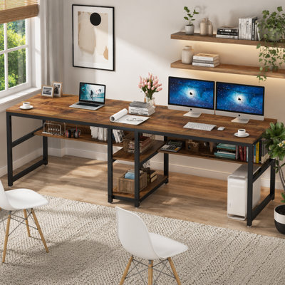 Bureau double pour deux personnes avec tablettes, poste de travail industriel pour 2 personnes avec tablettes de rangement, bureau d'écriture pour bureau personnel