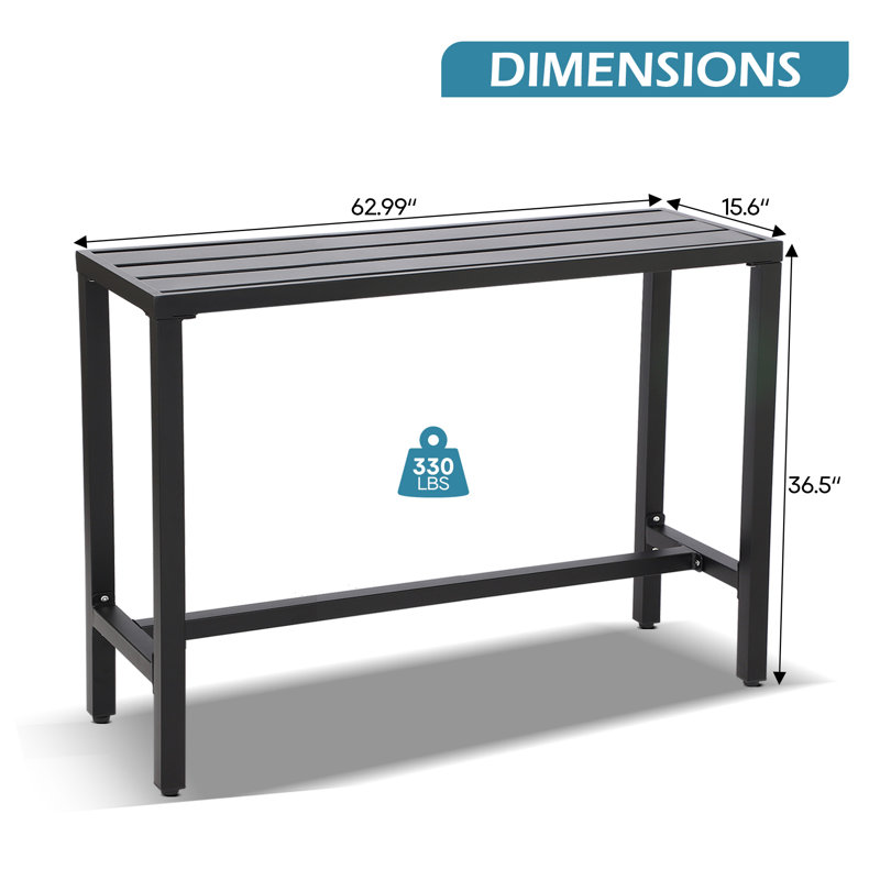 Deasya Rectangular Metal Outdoor Bar Table , in. W in. D, 36.5" H x 62.99" W x 15.6" D, Black, Black
