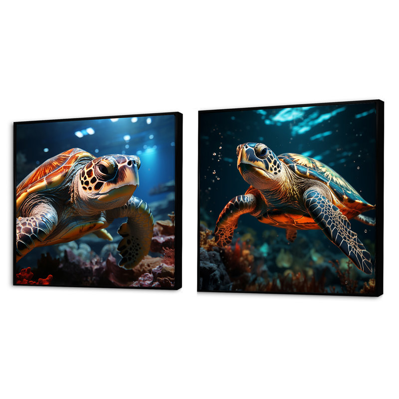 Représentation réaliste d'une tortue - ensemble de 2 carrés de tortues, Cadre flottant noir, H 16 po x l 33 po