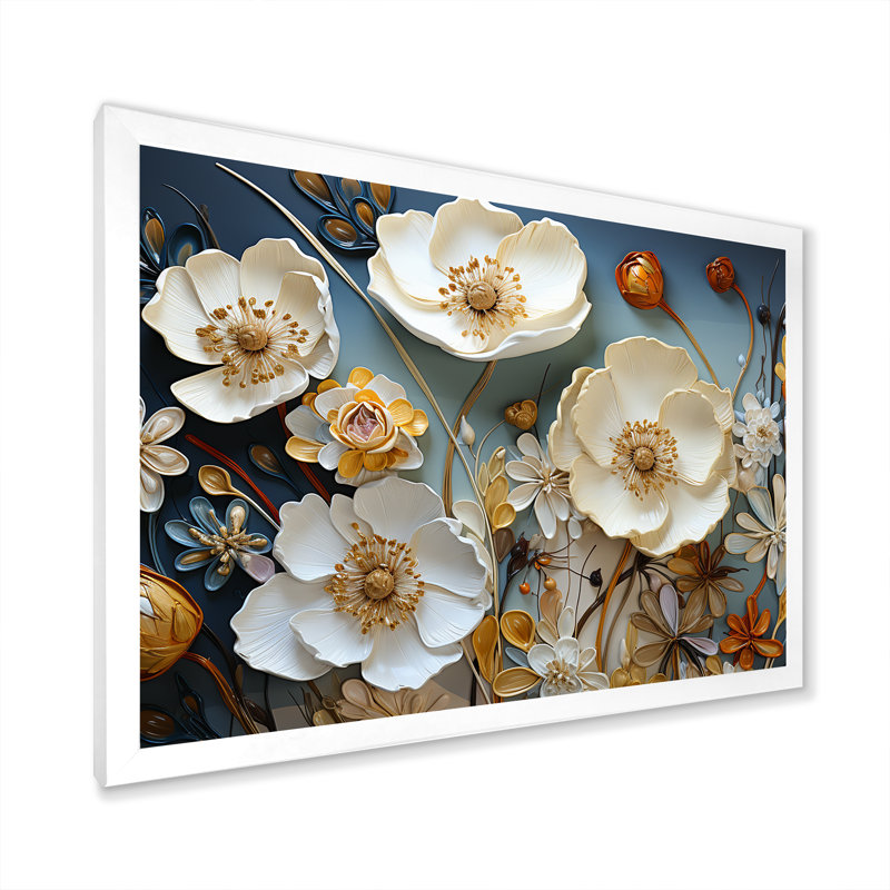Jaune et gris coquelicots, art liquide - art floral sur toile, Cadre d'angle fermé blanc, H 12 po x l 20 po x P 1 po