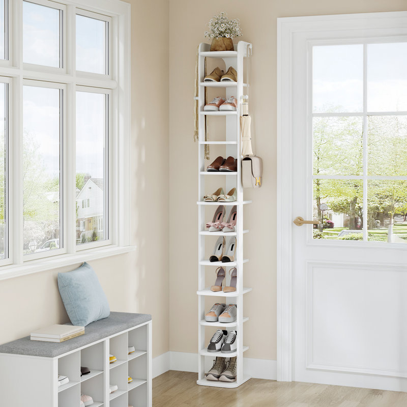Vertical Shoe Rack, Narrow Shoe Rack For Small Space, Wooden Shoes Organizer With Hooks, Adjustable Slim Shoes Tower for Entryway, Living Room, Bedroom, White 