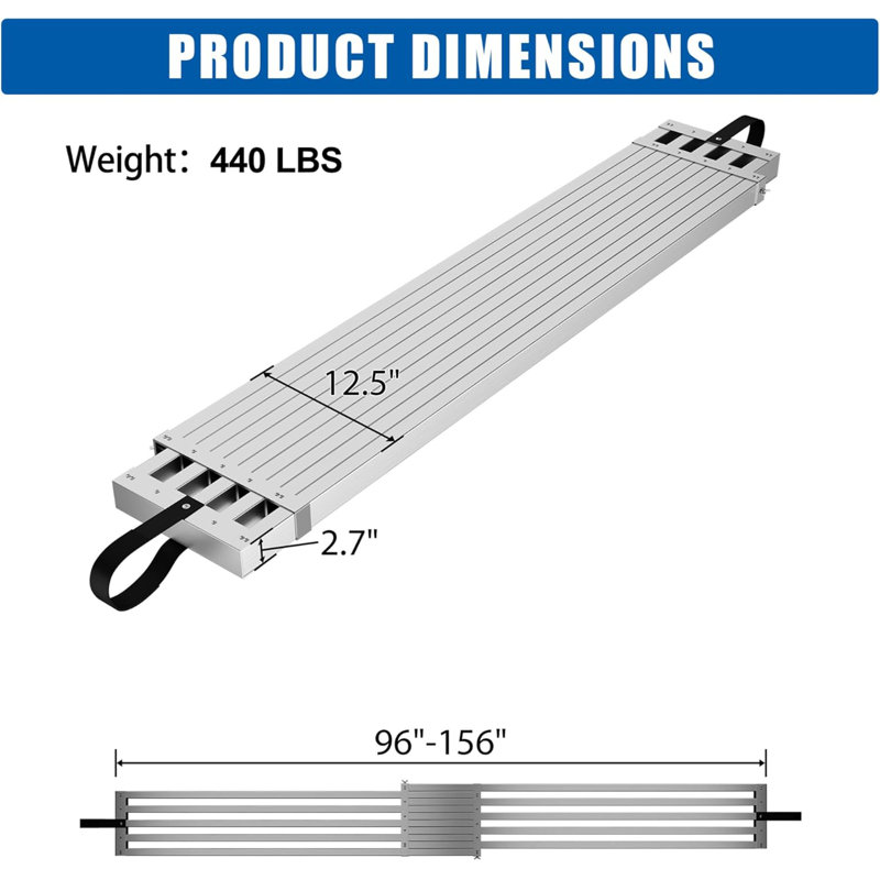 Planche de travail en aluminium de 8 à 13 pi, planche télescopique, capacité de 440 lb, planche d'extension en aluminium, planche d'échafaudage en aluminium avec échelle échafaudage antidérapant
