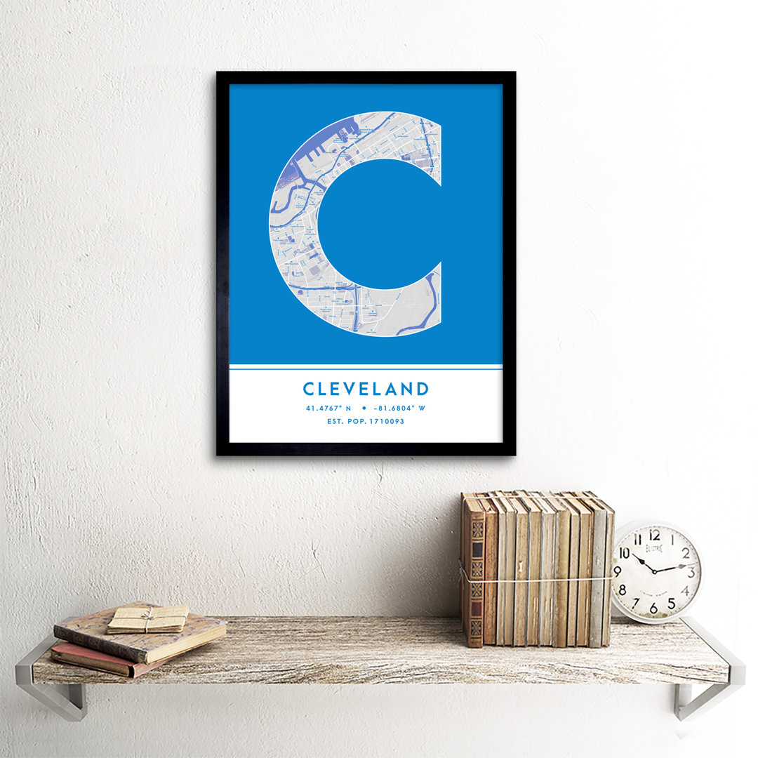 Cleveland City Map Cleveland Blue by Wee Blue Coo - Single Picture Frame Typography