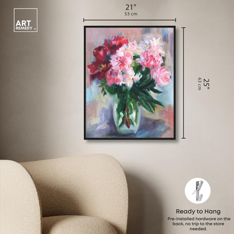 Art mural floral sur toile Peony Day par Art Remedy, Cadre noir, H 21 po x l 17 po