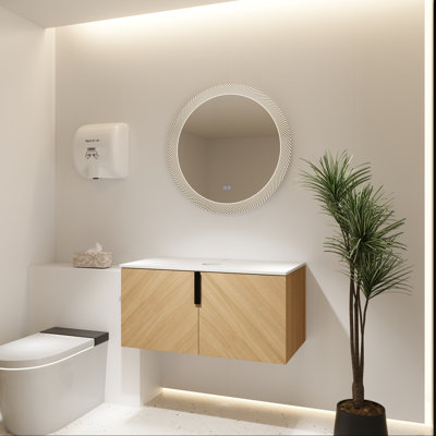 Wall Mounted Vanity Base with Stone Slab and Two Soft-Close Doors