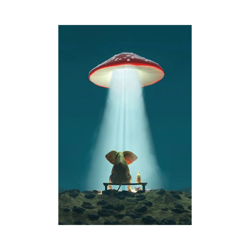 Elephant And Dog Look At A Flying Mushroom by Mike Kiev - Wrapped Canvas Gallery-Wrapped Canvas Giclée