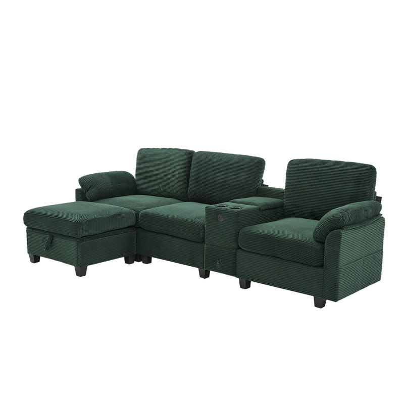 Sectional Sofa With Ottoman, Emerald Green Corduroy