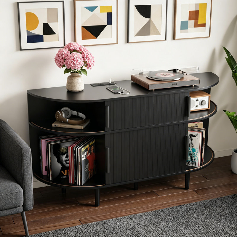 Corner Record Player Stand with Charging Station and USB Ports,Mid Century Vinyl Storage Cabinet for Music Room Living Room Small Space