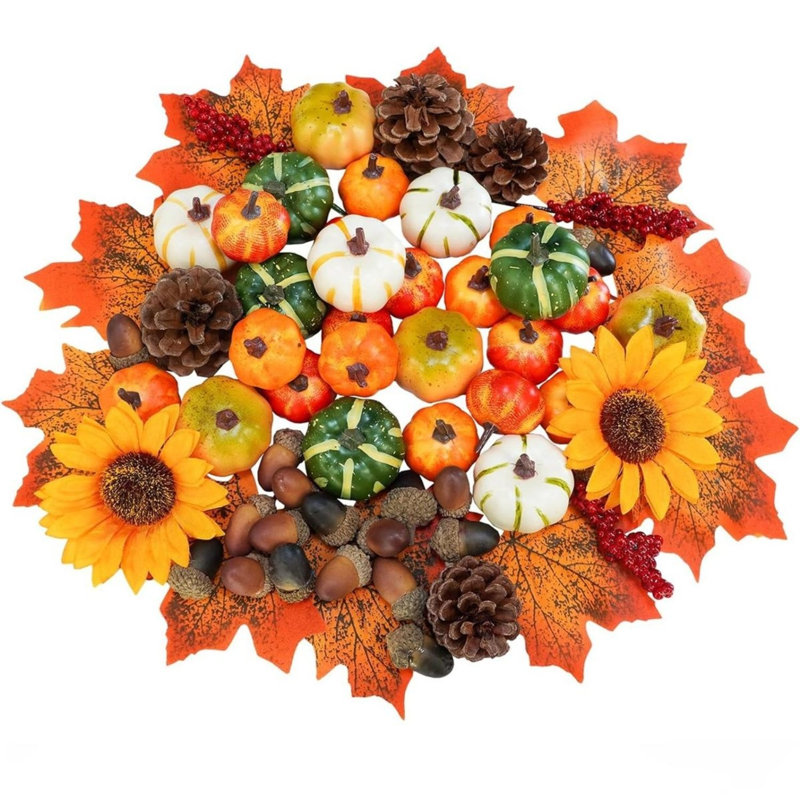 68-Piece Faux Fall Harvest Decor Set, Assorted Pumpkins, Gourds, Sunflowers, Acorns, Pinecones and Maple Leaves for Thanksgiving