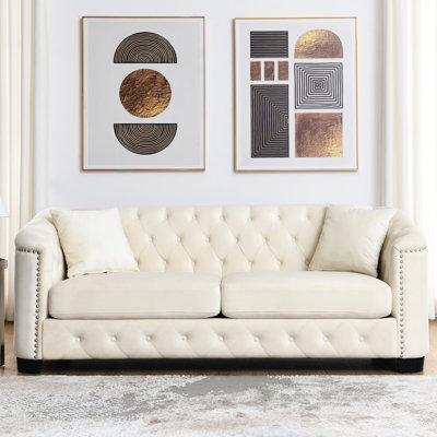 Velvet Beige 6 Seat Couch - With Solid Wood Frame Foam Padded Comfort Fashionable Nailhead Trim Design Removable Cushions For Hassle- Maintenance 3 + In Construction, Comfortable Cushioning, &