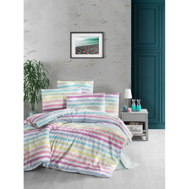 Luxurious King Quilt Cover Set (3 Pieces), Soft Cotton/Polyester Blend, 78.7 x 86.6 inches | 127 Thread Count, Machine Washable, Envelope & Button Closure | Elegant White, Pink, Purple, Mint, Green & Orange Colors