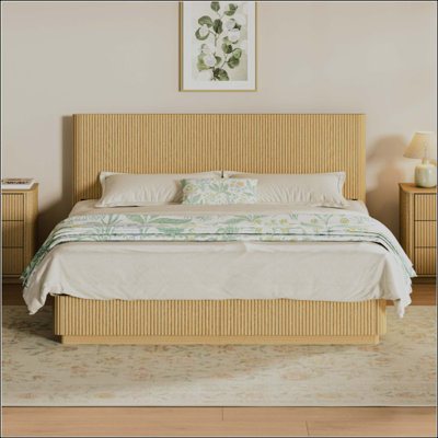 Bed Frame With LED Lights, Modern Wooden Corrugated Curved Lines, Convex Groove Board Design