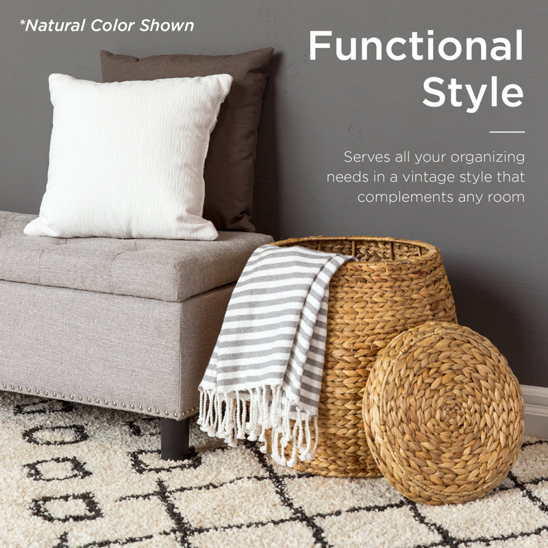Round Beige Hyacinth Storage Basket with Metal Handles and Lid