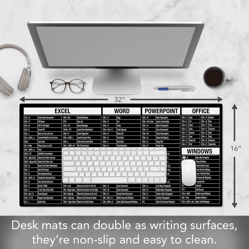 CounterArt Black & White Large Waterproof Desk Protector with Office Windows Cheat Sheet 32” x 16”