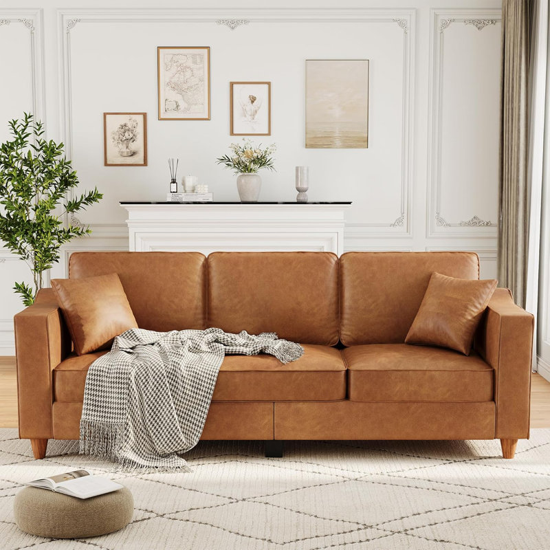 85" Faux Leather 3-Seater Sofa with Pillows & Wood Legs, Brown, Orange