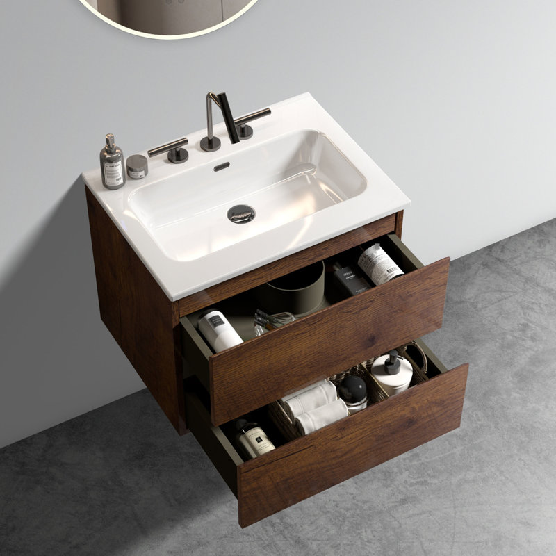 Meuble-lavabo moderne 24 po - Noyer, lavabo en céramique, meuble-lavabo silencieux et élégant: noyer avec fonctionnalité