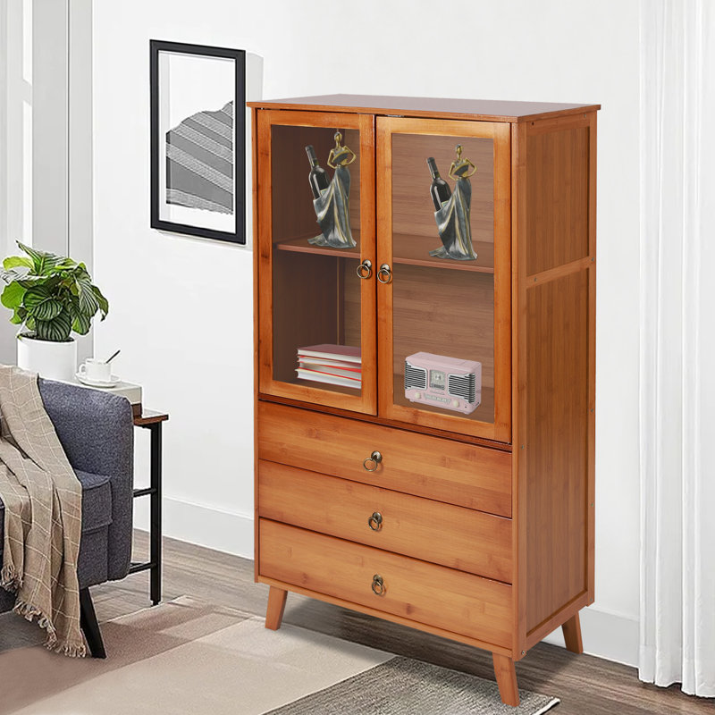 Armoire de rangement autoportante en bambou avec portes en acrylique et 3 tiroirs Aamanee