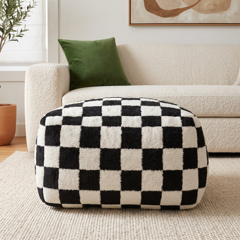 Birdie Upholstered Wool Ottoman, Black Wool/Cotton Blend