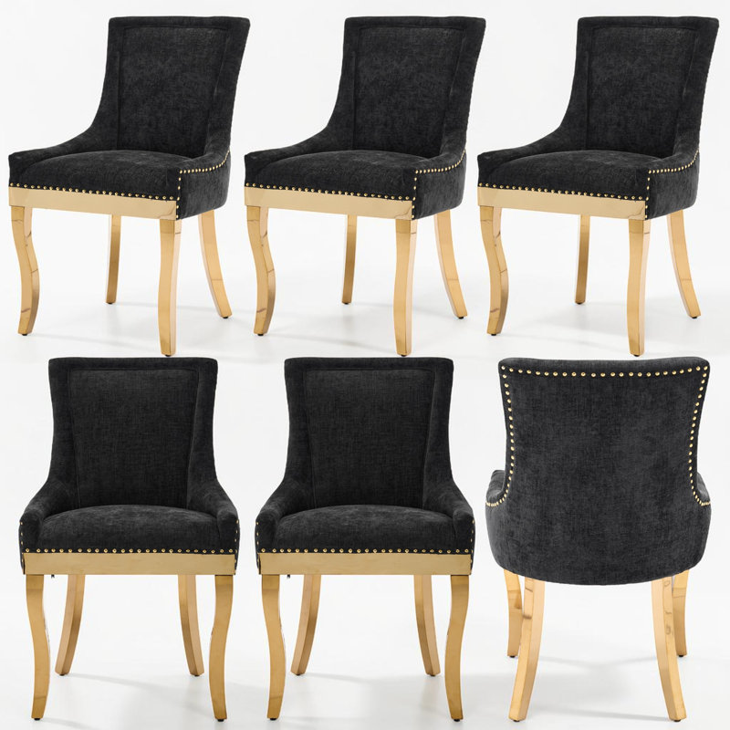 Ensemble de 6 chaises de salle à manger en lin rembourrées, Noir, 6, Doré