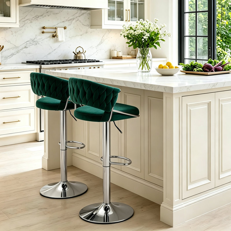 Christal Swivel Upholstered Adjustable Height Counter Stool, Dark Green, Silver