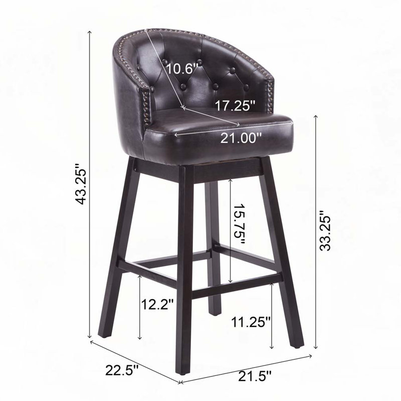 Tabourets de comptoir pivotants 33,25 po avec structure en bois d'hévéa massif, Noir