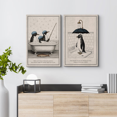 Whimsical Penguin Bath Time Canvas Wall Art Set, Humorous Framed Prints for Eclectic Bathroom or Kids' Space Decor