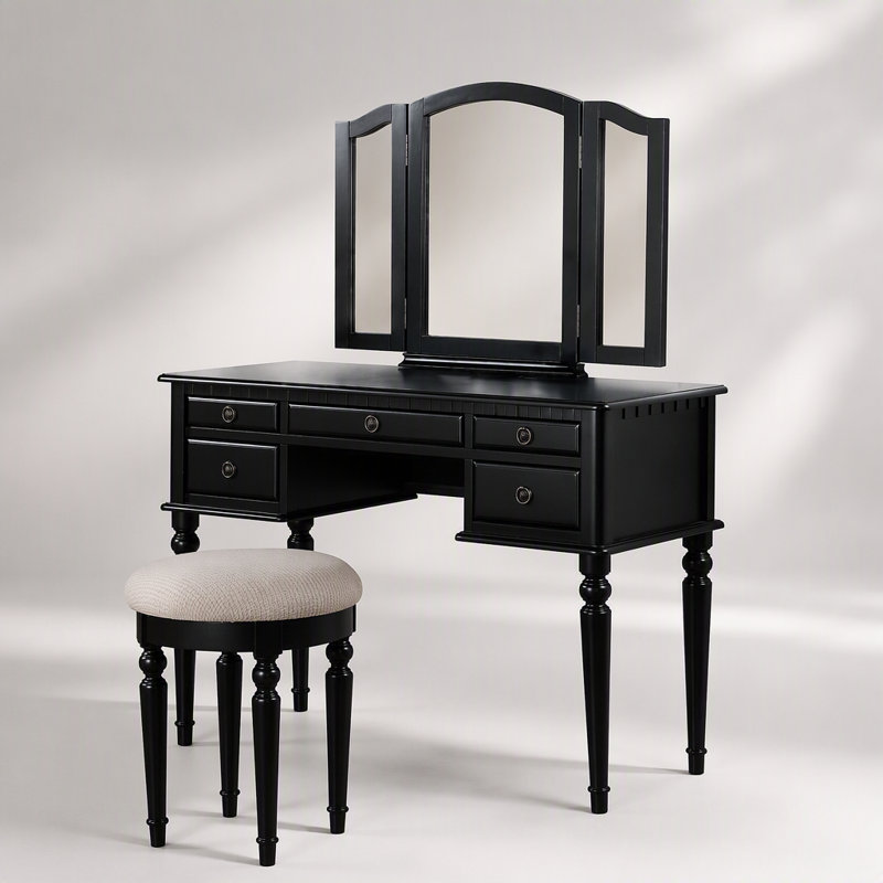 Ensemble de coiffeuse contemporaine pour chambre à coucher avec miroir pliable, tabouret et tiroirs de rangement pour un coin maquillage élégant