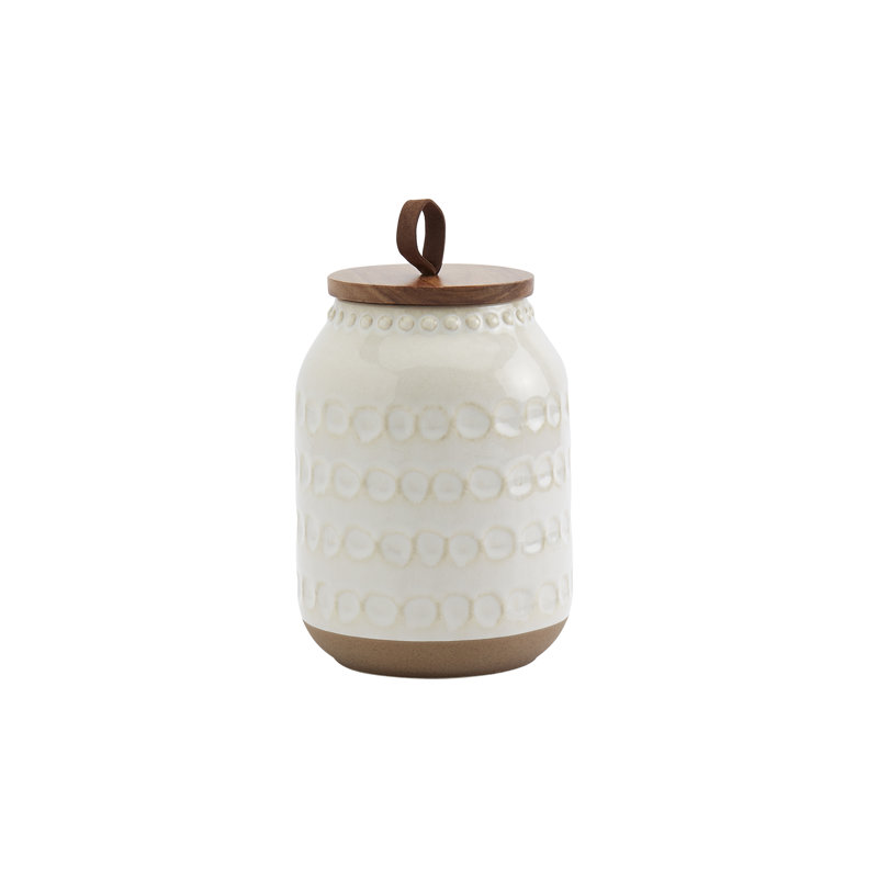 Embossed White Ceramic Canister Set with Acacia Wood Lids, 3 Piece
