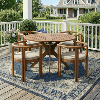 Cagnie Scandinavian Minimalist Acacia Wood Outdoor Dining Set With Cushioned Chairs And Round Slat Table