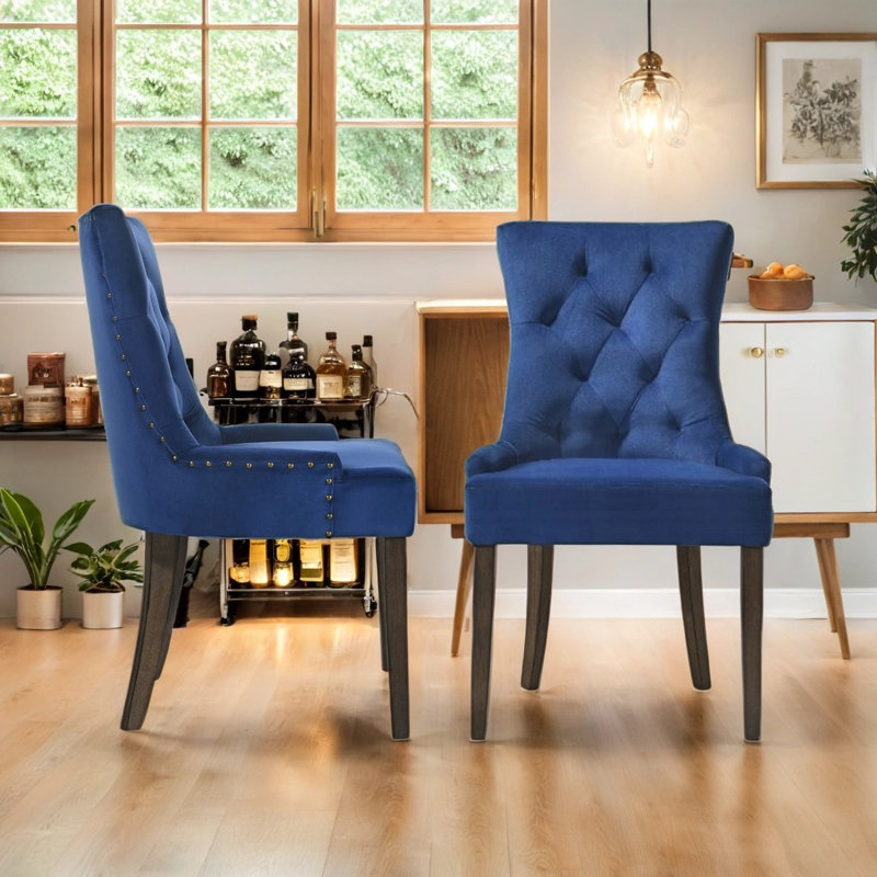 Ensemble de 2 chaises de salle à manger rembourrées avec dossier capitonné et garniture cloutée, Blue