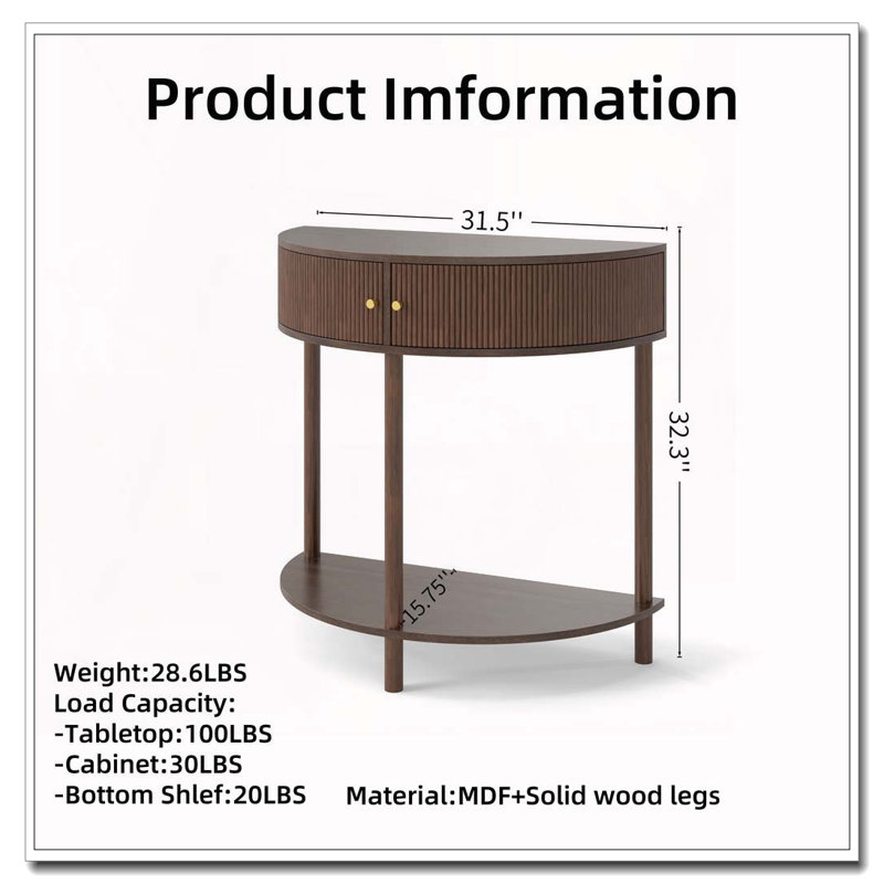Console Table Half Moon Design End Table With 2 Storage Drawers And Bottom Shelf For Living Room, Bedroom, Study, Hallway
