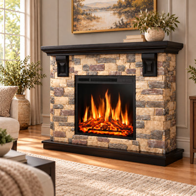 Meuble télé avec foyer à 7 flammes pour téléviseur de 60 po ou moins, chaufferette en faux pierre avec télécommande, l 50,6 po