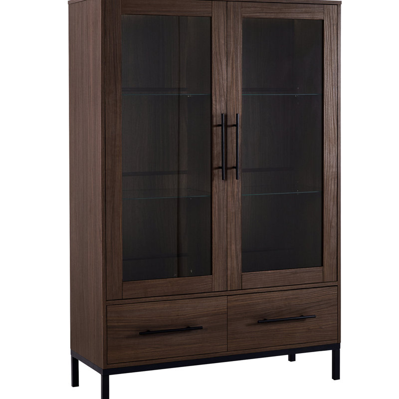Grande vitrine moderne de 60 po avec porte en verre trempé et éclairage à DEL pour le salon, le bureau, la finition noyer, 4 tablettes réglables, 2 tiroirs, la porte de construction, les lumières, le bureau, la construction