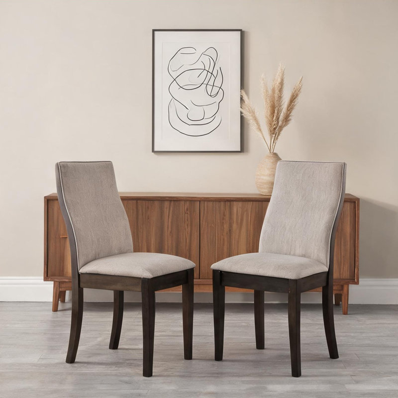 Ensemble de 2 chaises d'appoint rembourrées avec dossier incurvé, tissu brun et structure en bois espresso, élégance industrielle pour la salle à manger