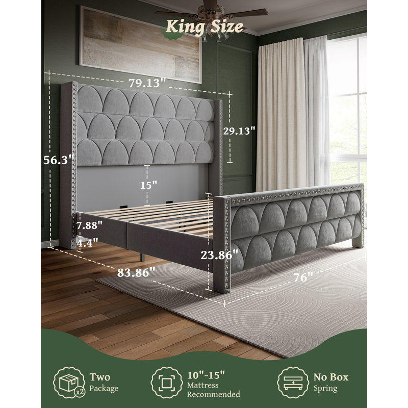 56" Velvet Wingback Bed Frame