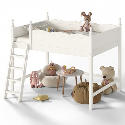 Full Size Solid Wood Loft Bed with Full-Length Guardrails, Built-In Ladder & Spacious Under Bed Space, Kids Bedroom Bed, Beige