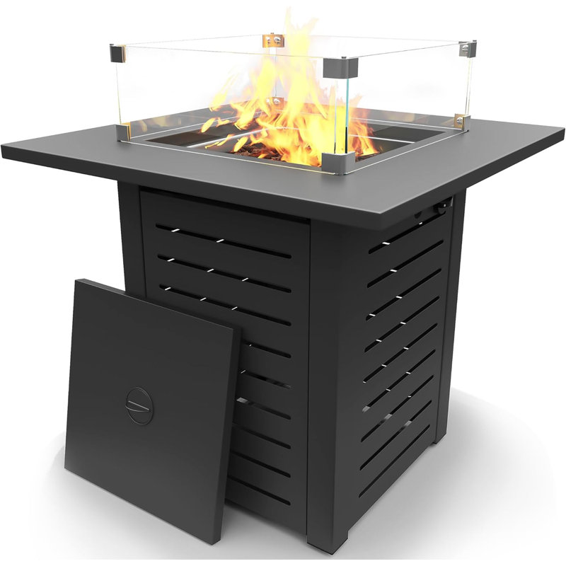28'' Propane Fire Pit Table, 50,000 BTU Steel Gas Firepit for Outdoor Patio Deck and Garden, CSA Certified Fire Pit with Lid, Waterproof Cover, Glass Wind Guard and Lava Rock, Black