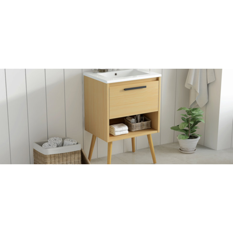 Meuble-lavabo 24 po avec lavabo, armoire de salle de bain multifonctionnelle avec tiroir, panneau de fibres à densité moyenne, naturel