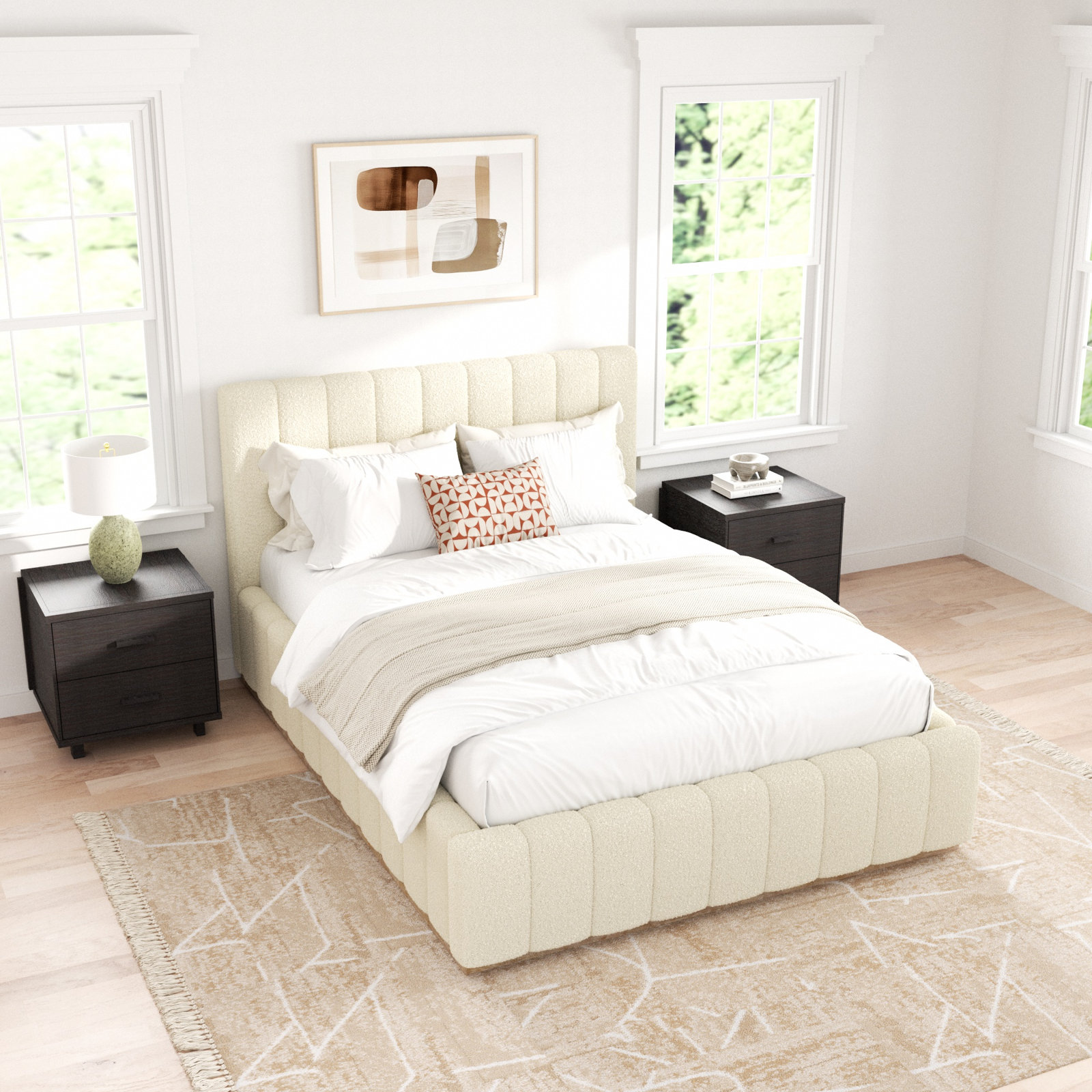Upholstered Platform Bed, Cream, Full / Double