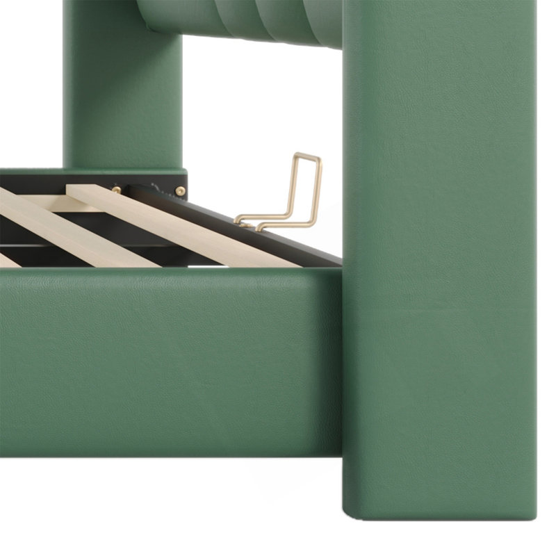 Zavier PU Leather Bed With Solid Wood & Metal Frame, Queen, Dark Green