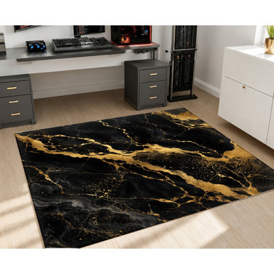 Tapis lavable à la machine abstrait en marbre noir doré avec envers antidérapant, tapis de sol veiné de luxe, décoration intérieure confortable pour le salon, la chambre à coucher, la salle à manger, le couloir, l’appartement