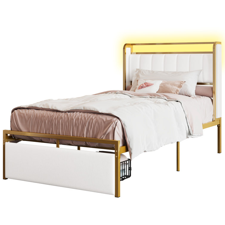 Omartin 45.4'' Bed Frame Twin Size with Armrests Headboard & RGB Light, Upholstered Twin Size Bed Platform with Drawers