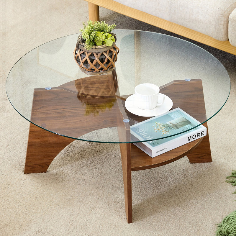 Table basse ronde en verre avec base en éventail Levi, Noyer