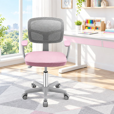 Chaise de bureau pivotante pour enfants avec roulettes auto-freinées, dossier en filet respirant, siège rembourré amovible et capacité de 330 lb, rose