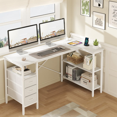 Bureau en L de 55 pouces avec prises de courant, 3 tiroirs, tablettes pour jouer, coin bureau, bureau à domicile, bureau