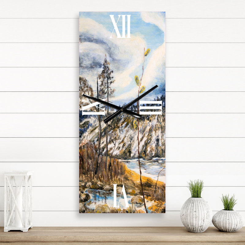 Horloge murale paysage de printemps avec ciel nuageux et rivière, Grand