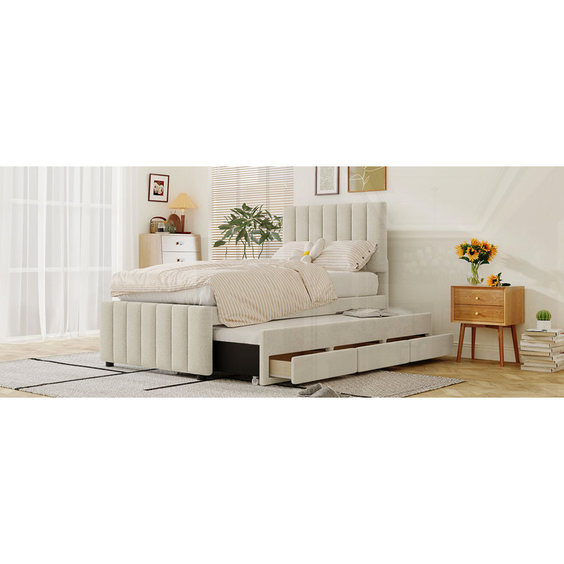 Lit plateforme tapissier simple avec lit gigogne et tiroirs, Beige
