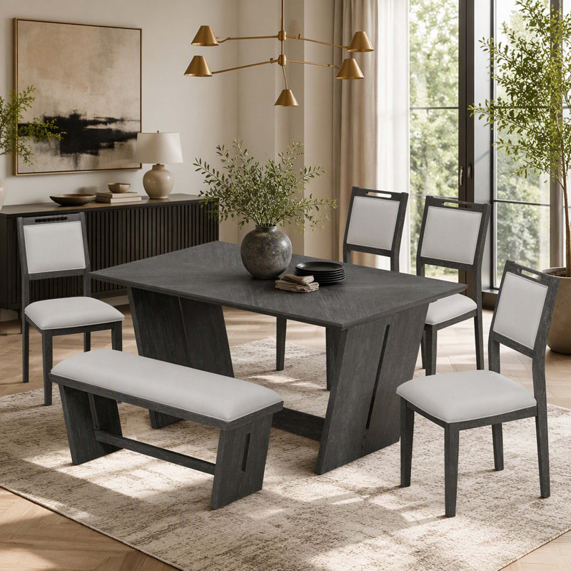 Ensemble de table de salle à manger 6 pièces pour 6 personnes, ensemble de 6 tables de cuisine en bois et chaises de 60 po avec base en tréteaux pour la cuisine et la salle à manger (gris)