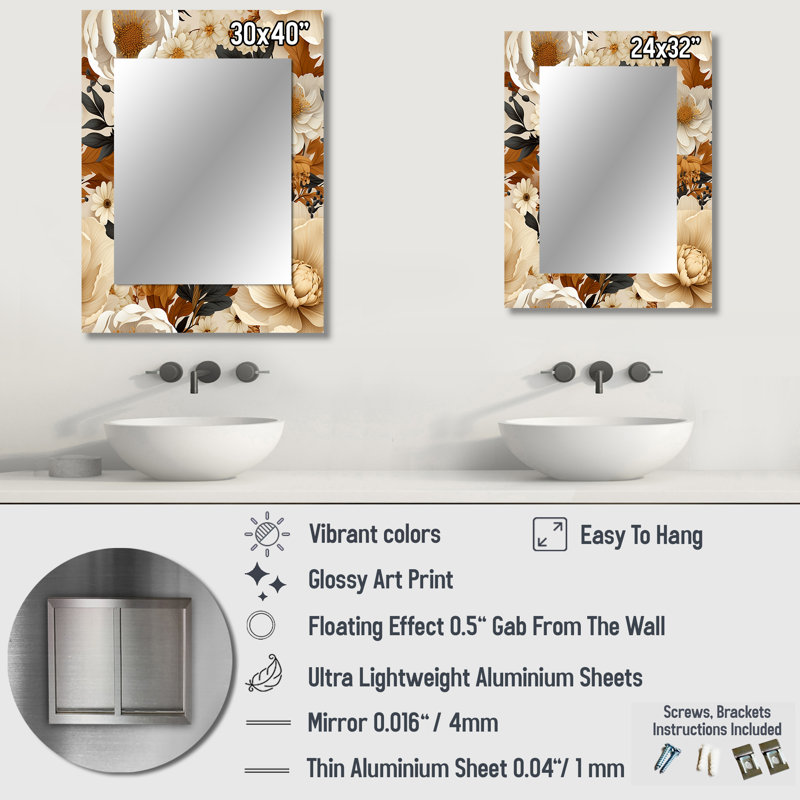 Alnesha Boho Earthy Blooms Poppies Bloom - miroir mural floral, miroir décoratif de chalet, impression d'art en métal